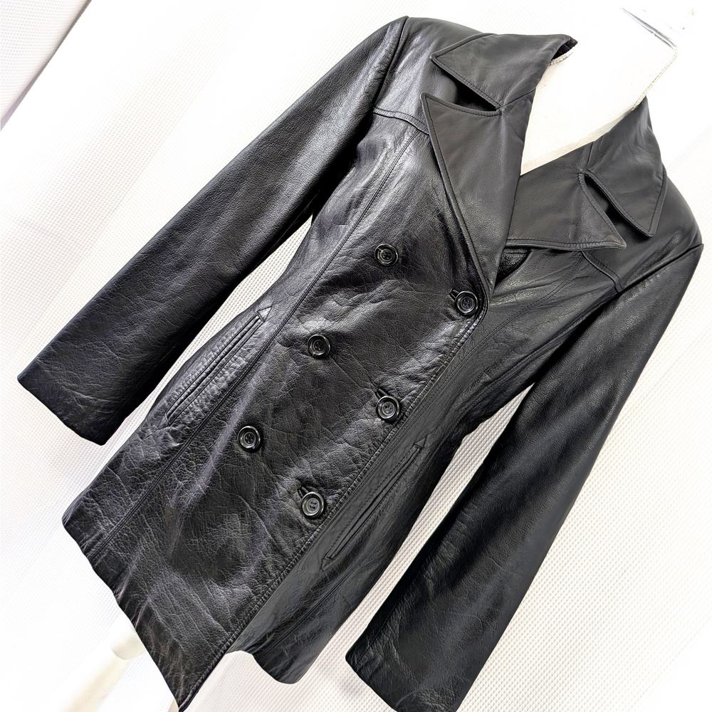 JACQUELINE FERRAR! LUXE BLACK GENUINE LEATHER DOUBLE BREASTED JACKET, COAT! SZ L
